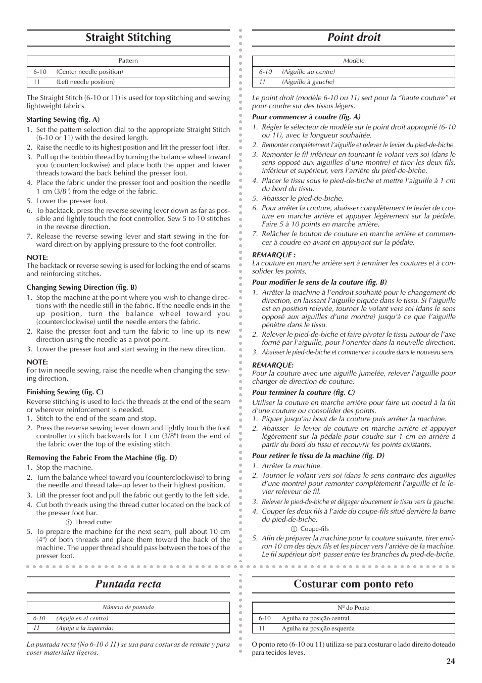Straight stitching, Point droit, Puntada recta | Costurar com ponto reto | Brother LS 1520 User Manual | Page 32 / 67