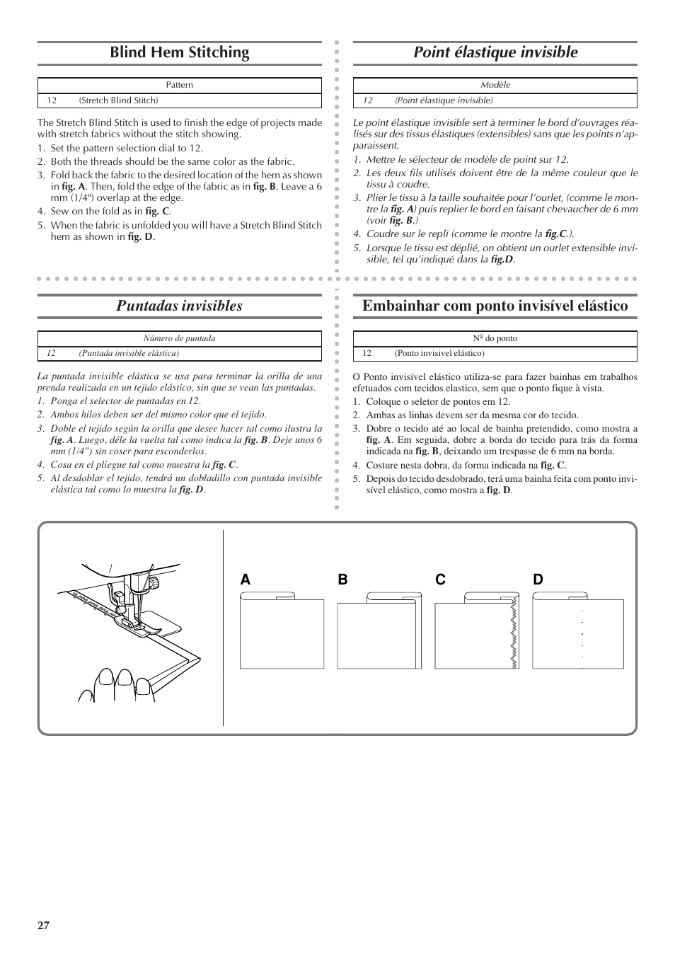 Blind hem stitching, Point élastique invisible, Puntadas invisibles | Embainhar com ponto invisível elástico, Ab c d | Brother LS 1520 User Manual | Page 35 / 67