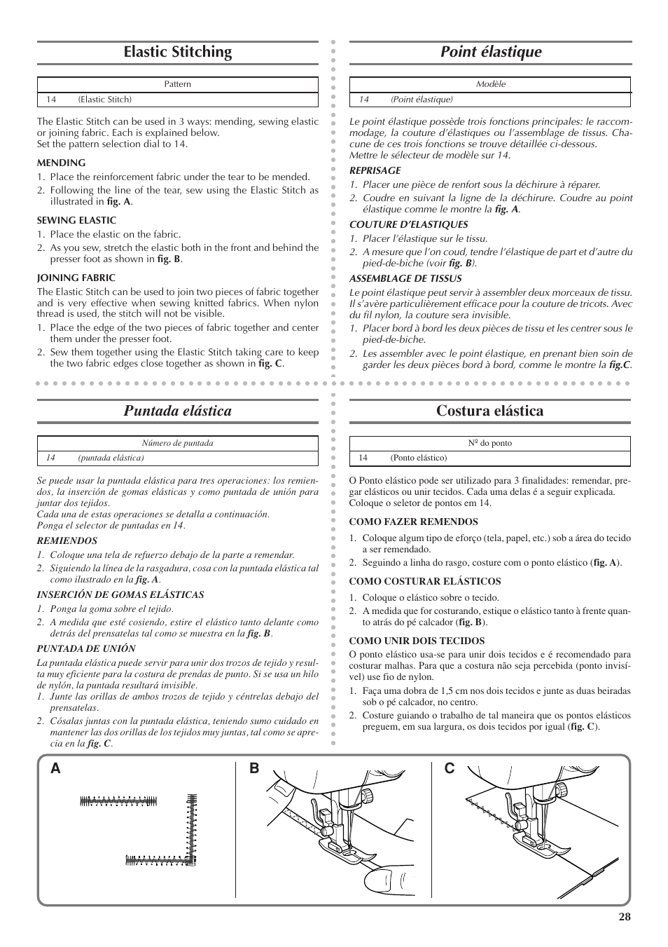 Elastic stitching, Point élastique, Puntada elástica | Costura elástica, Ab c | Brother LS 1520 User Manual | Page 36 / 67