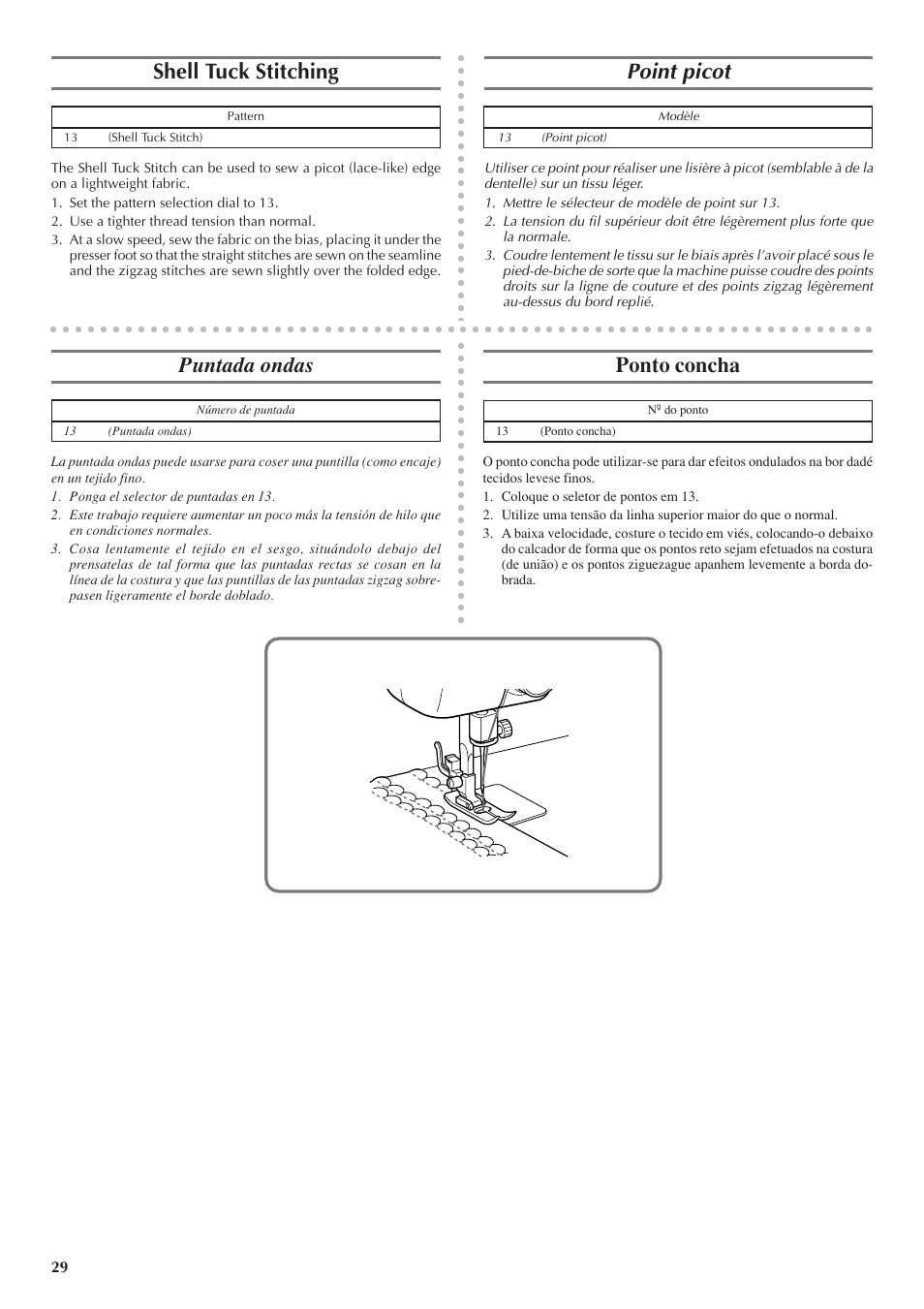 Shell tuck stitching, Point picot, Puntada ondas | Ponto concha | Brother LS 1520 User Manual | Page 37 / 67
