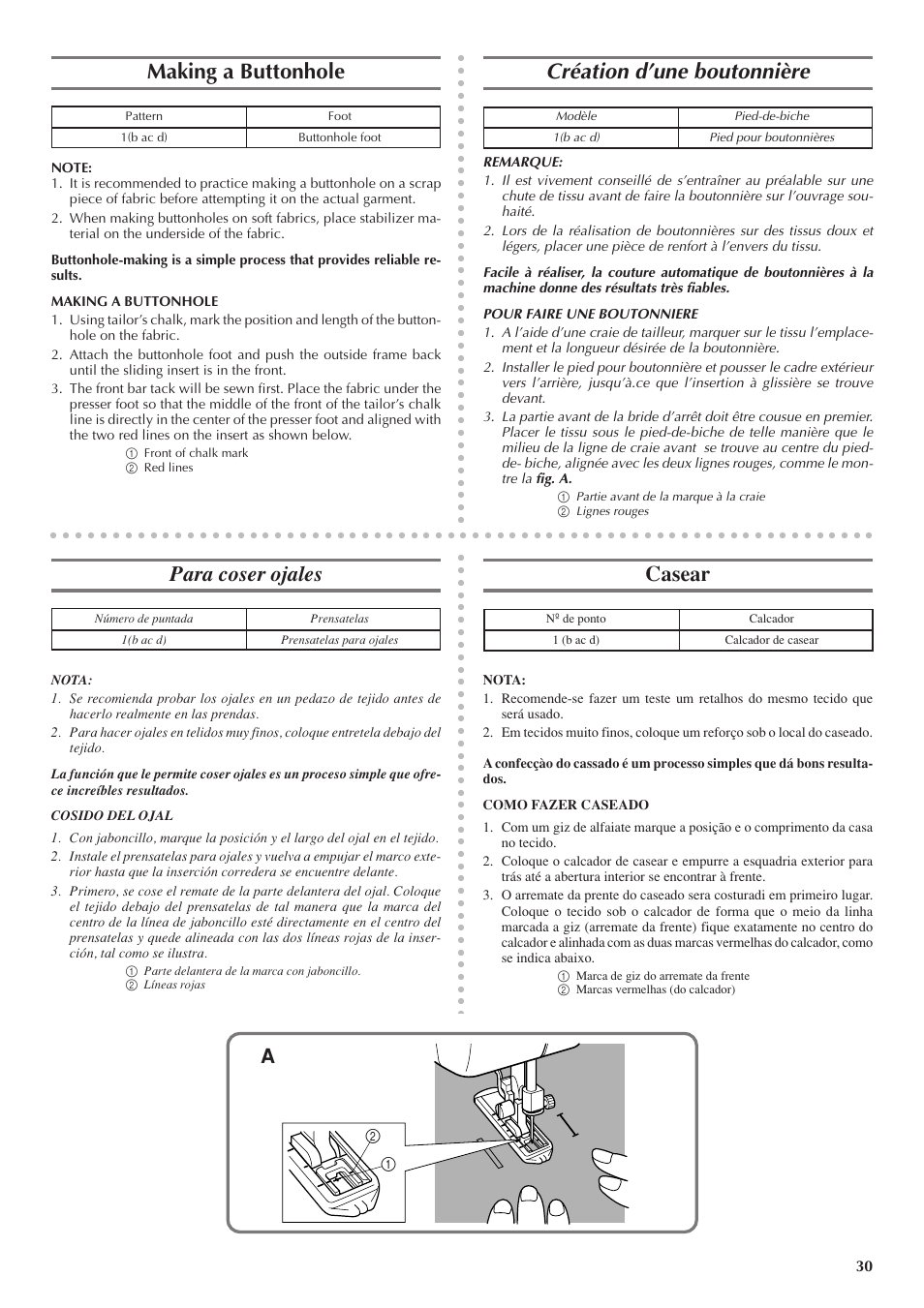 Making a buttonhole, Création d’une boutonnière, Para coser ojales | Casear | Brother LS 1520 User Manual | Page 38 / 67