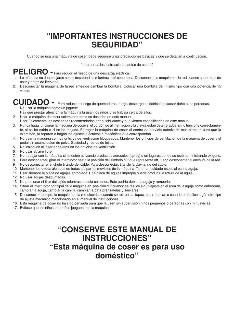Importantes instrucciones de seguridad, Peligro, Cuidado | Brother LS 1520 User Manual | Page 4 / 67