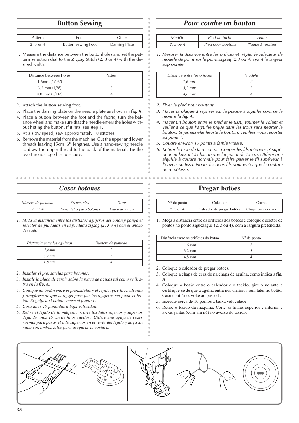 Button sewing, Pour coudre un bouton, Coser botones | Pregar botões | Brother LS 1520 User Manual | Page 43 / 67