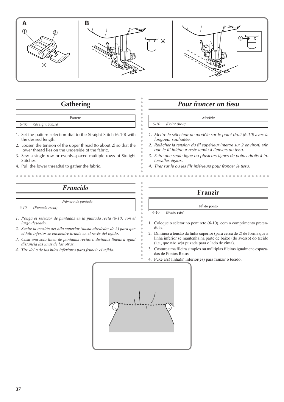 Gathering, Pour froncer un tissu, Fruncido | Franzir | Brother LS 1520 User Manual | Page 45 / 67
