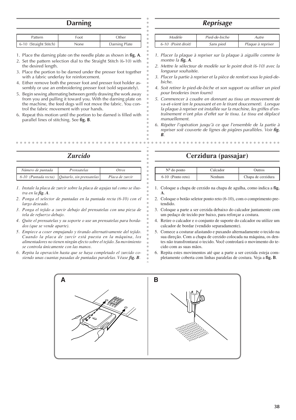 Darning, Reprisage, Zurcido | Cerzidura (passajar) | Brother LS 1520 User Manual | Page 46 / 67