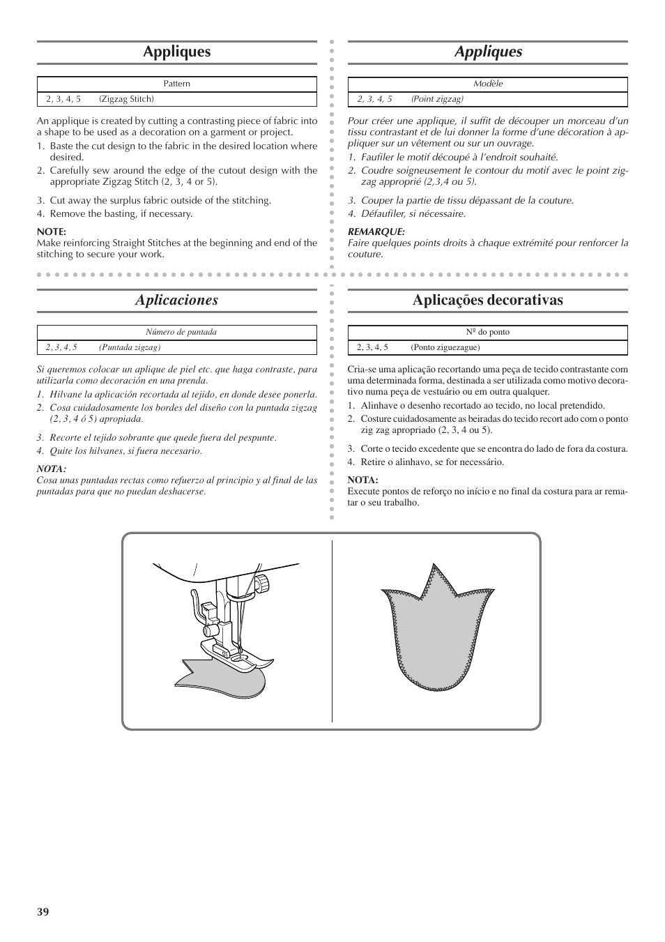 Appliques, Aplicaciones, Aplicações decorativas | Brother LS 1520 User Manual | Page 47 / 67