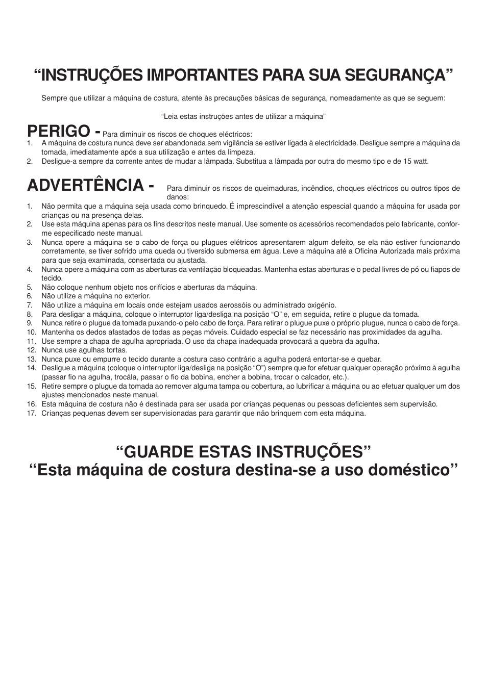 Instruções importantes para sua segurança, Perigo, Advertência | Brother LS 1520 User Manual | Page 5 / 67