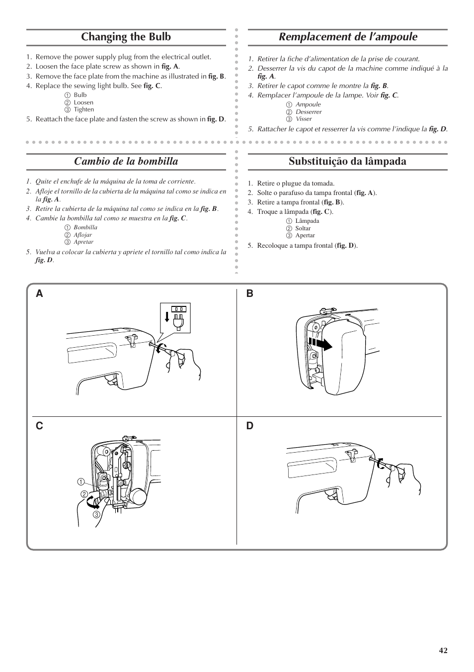 Changing the bulb, Remplacement de l’ampoule, Cambio de la bombilla | Substituição da lâmpada, Ab c d | Brother LS 1520 User Manual | Page 50 / 67
