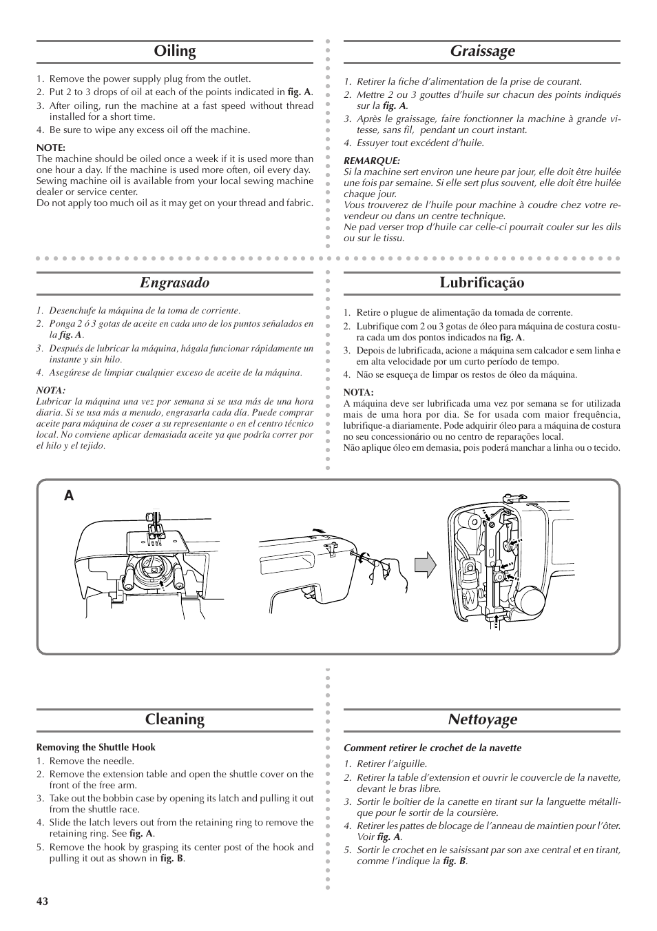 Oiling, Graissage, Engrasado | Lubrificação, Nettoyage, Cleaning | Brother LS 1520 User Manual | Page 51 / 67
