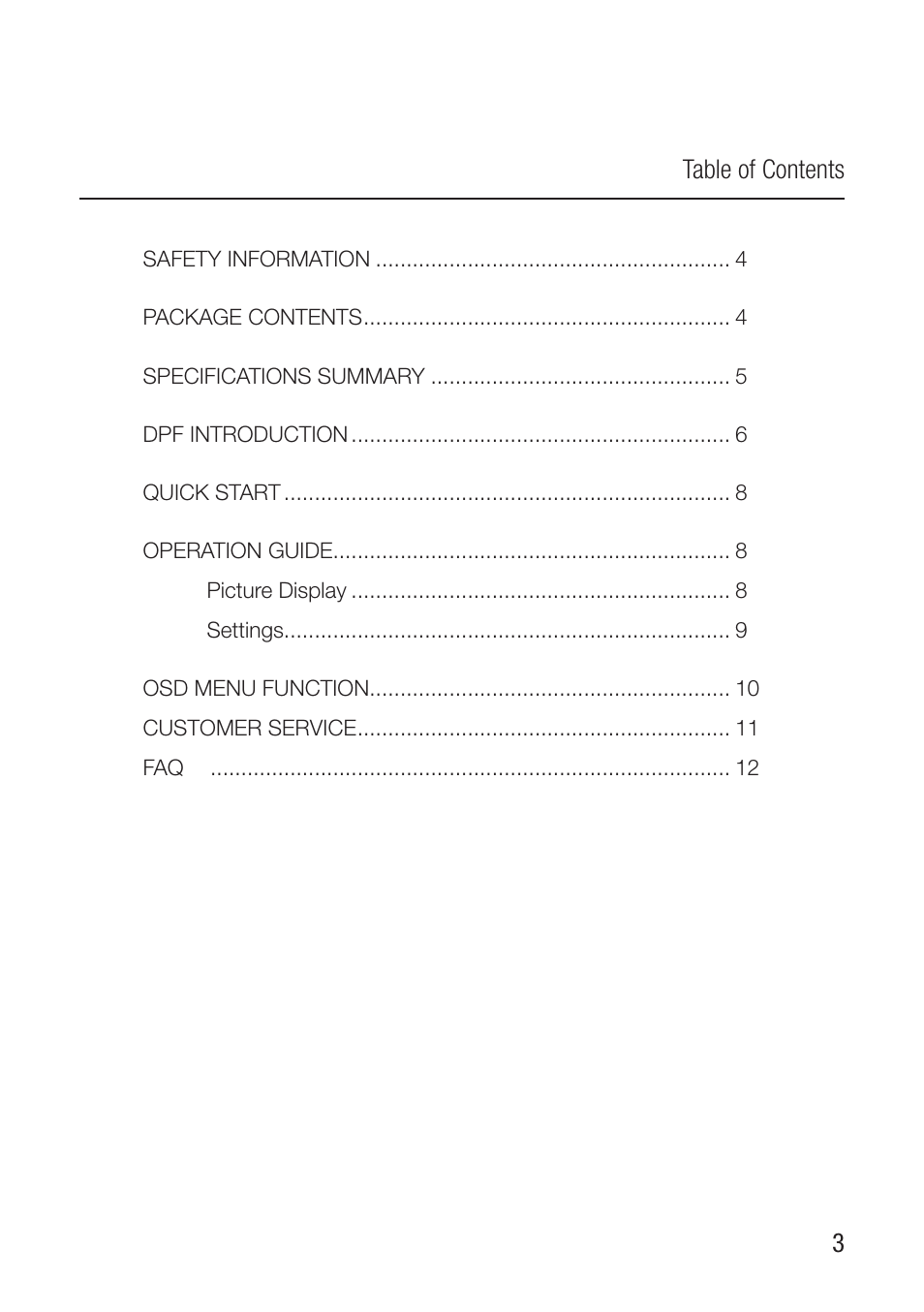 Table of contents 3 | Wintec Joy 8inch Photo Frame User Manual | Page 3 / 14