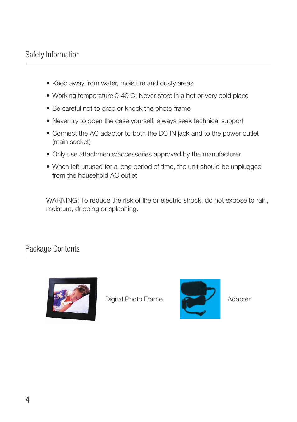 4safety information package contents | Wintec Joy 8inch Photo Frame User Manual | Page 4 / 14