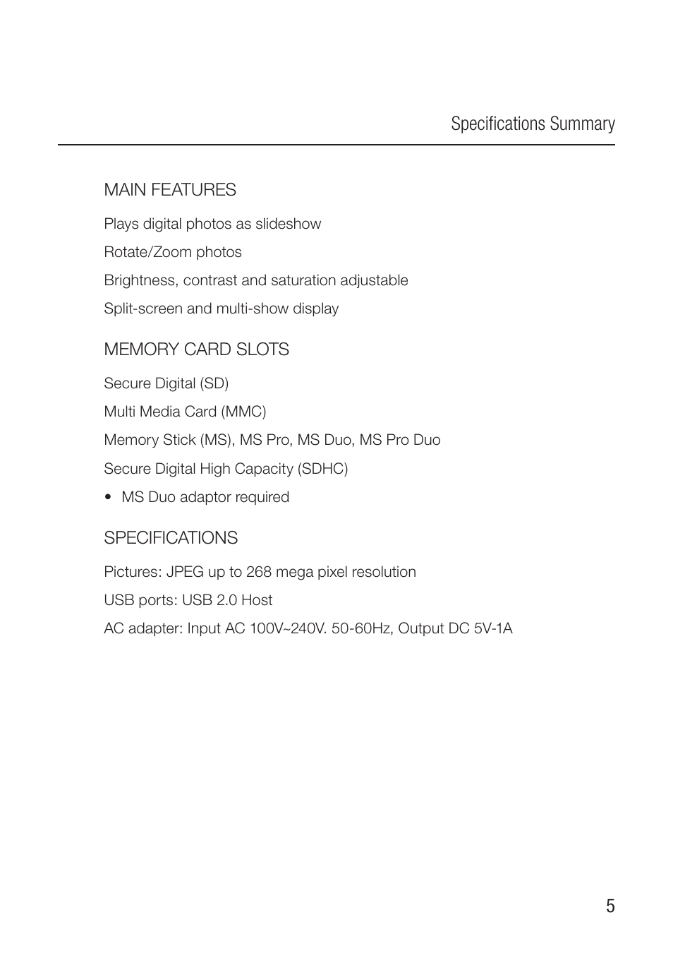 5specifications summary | Wintec Joy 8inch Photo Frame User Manual | Page 5 / 14