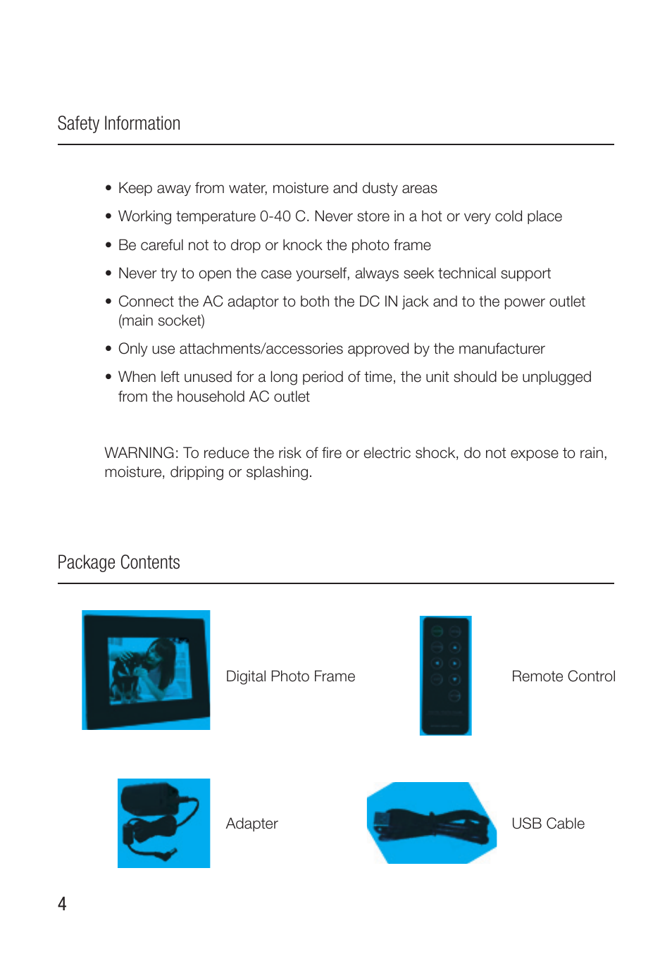 4safety information package contents | Wintec Joy 15inch Photo Frame User Manual | Page 4 / 16