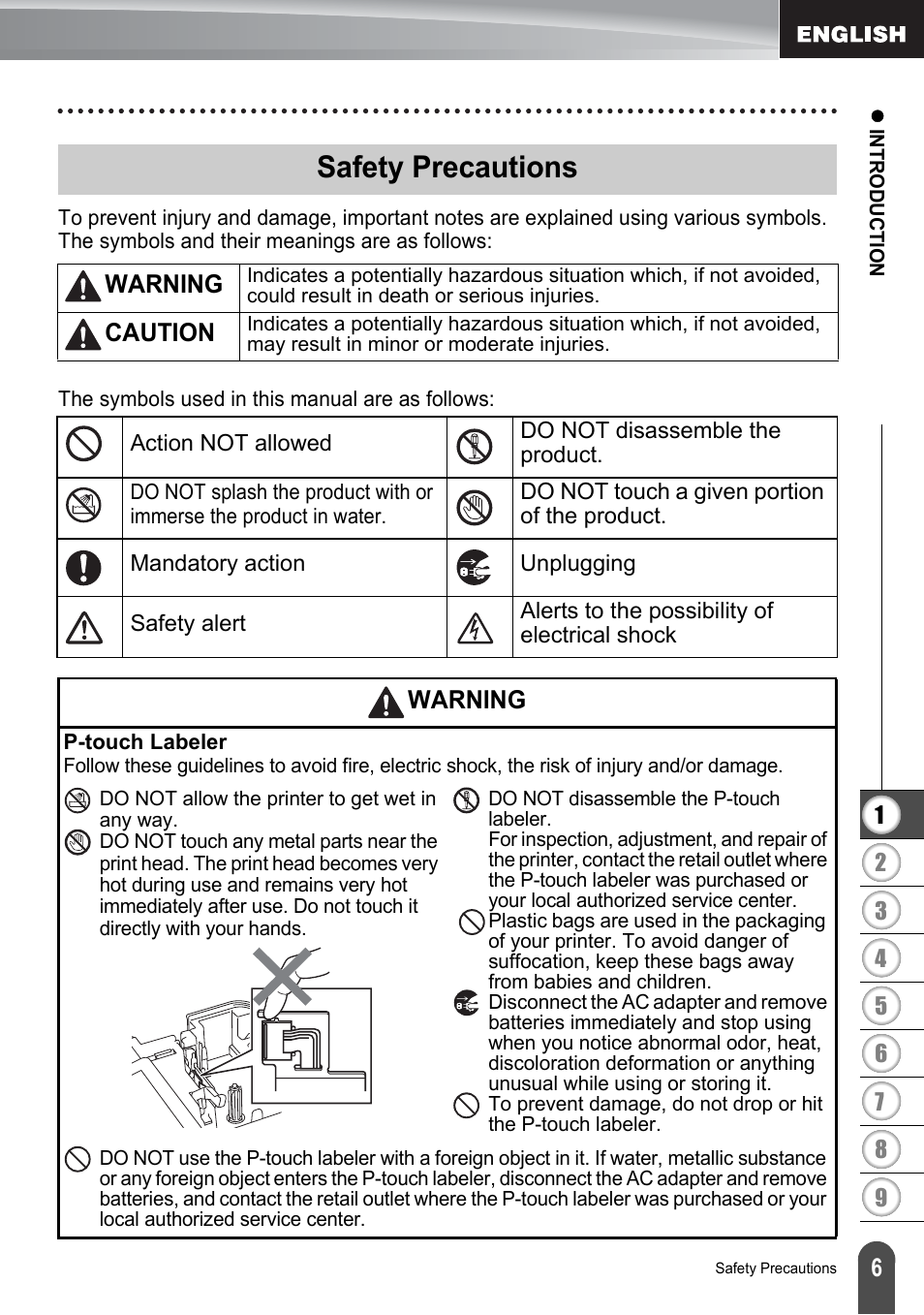 Safety precautions, Warning, Caution | Brother PT-2730 User Manual | Page 13 / 88