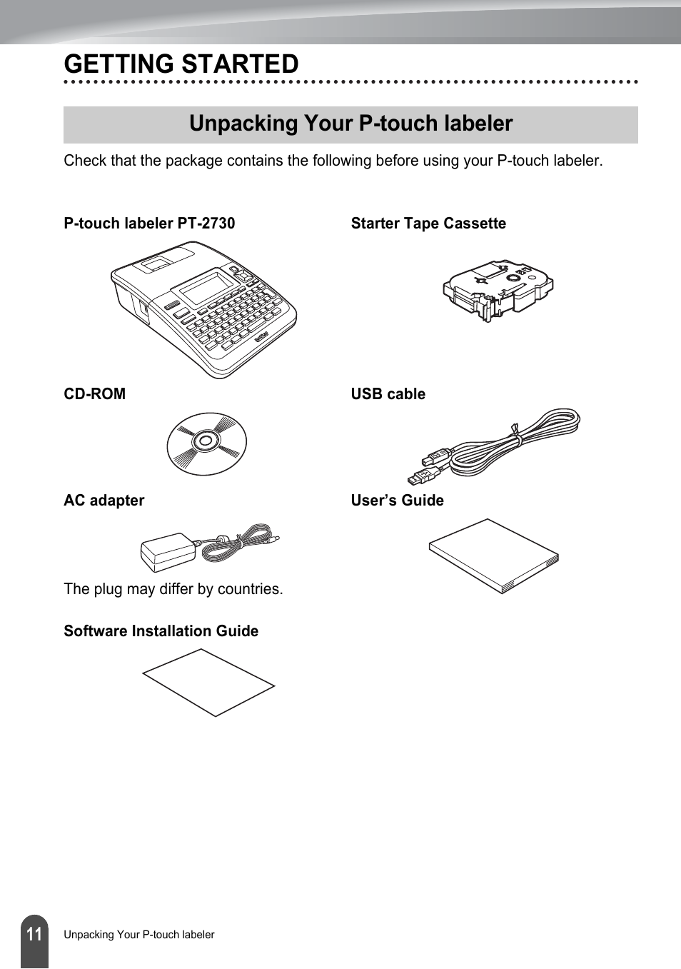 Getting started, Unpacking your p-touch labeler, P. 1 | Brother PT-2730 User Manual | Page 18 / 88