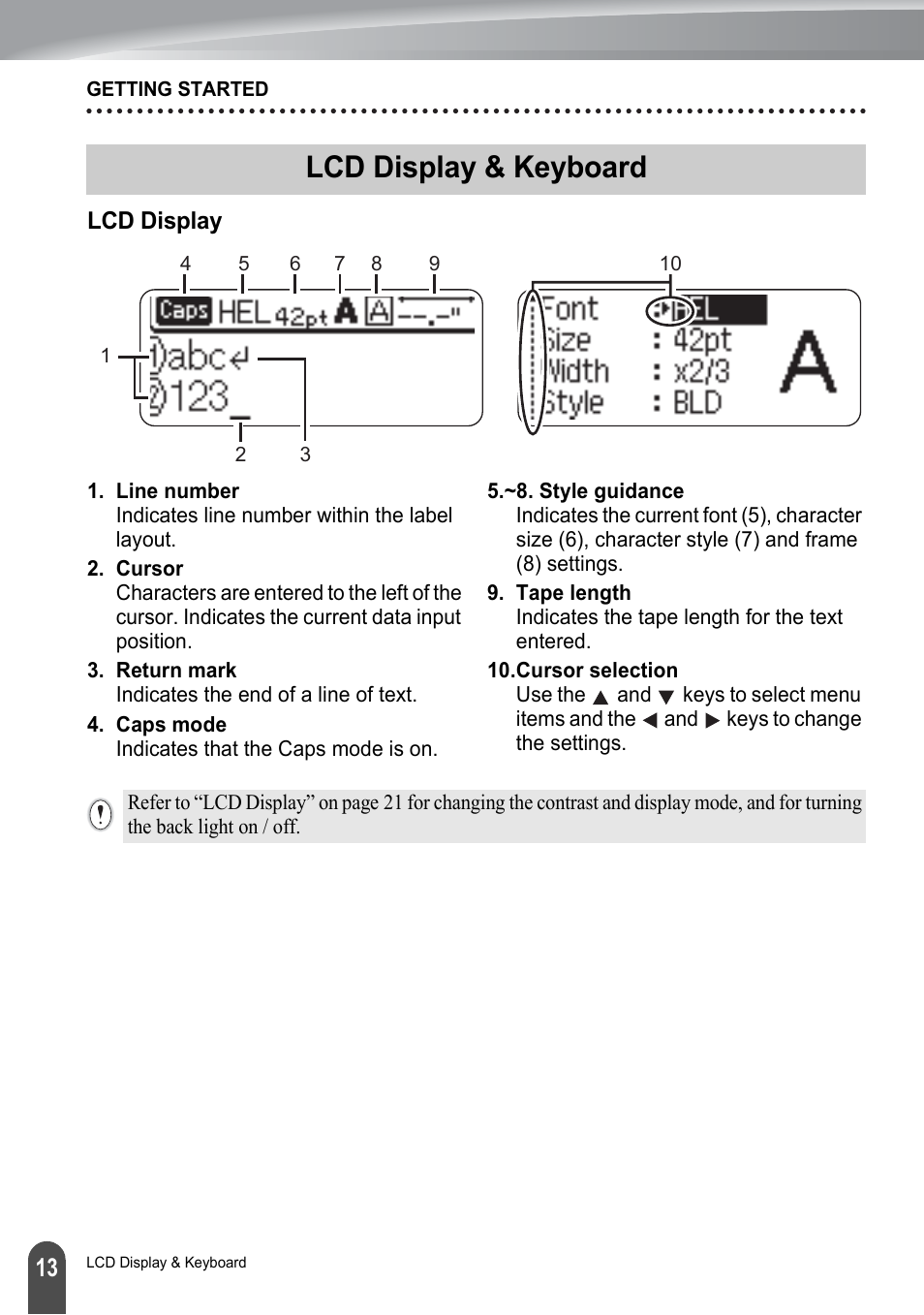 Lcd display & keyboard, Lcd display | Brother PT-2730 User Manual | Page 20 / 88
