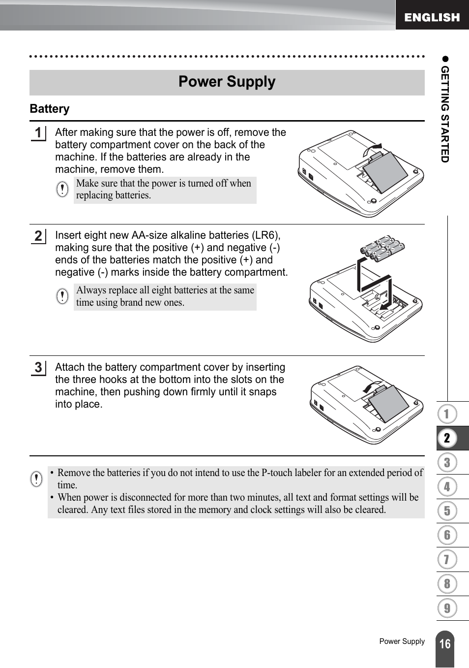 Power supply, Battery | Brother PT-2730 User Manual | Page 23 / 88