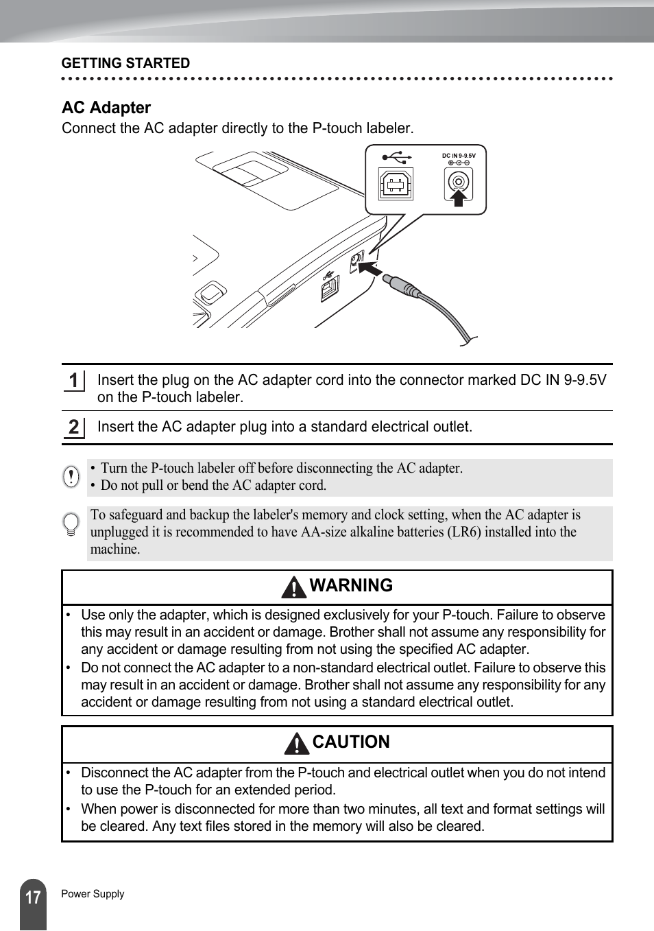 Ac adapter, Warning, Caution | Brother PT-2730 User Manual | Page 24 / 88