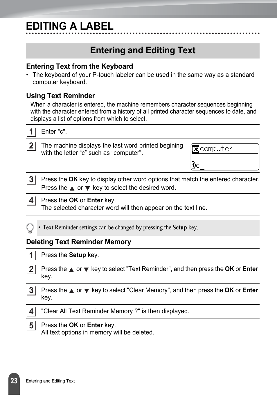 Editing a label, Entering and editing text, Entering text from the keyboard | Using text reminder, P. 23 | Brother PT-2730 User Manual | Page 30 / 88