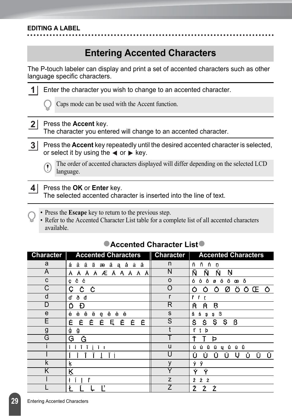 Entering accented characters, P. 29, Zentering accented characters | Brother PT-2730 User Manual | Page 36 / 88