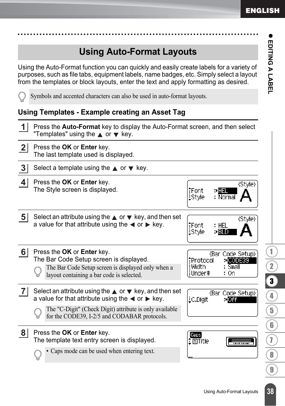 Using auto-format layouts, Using templates - example creating an asset tag, P. 38 | Brother PT-2730 User Manual | Page 45 / 88