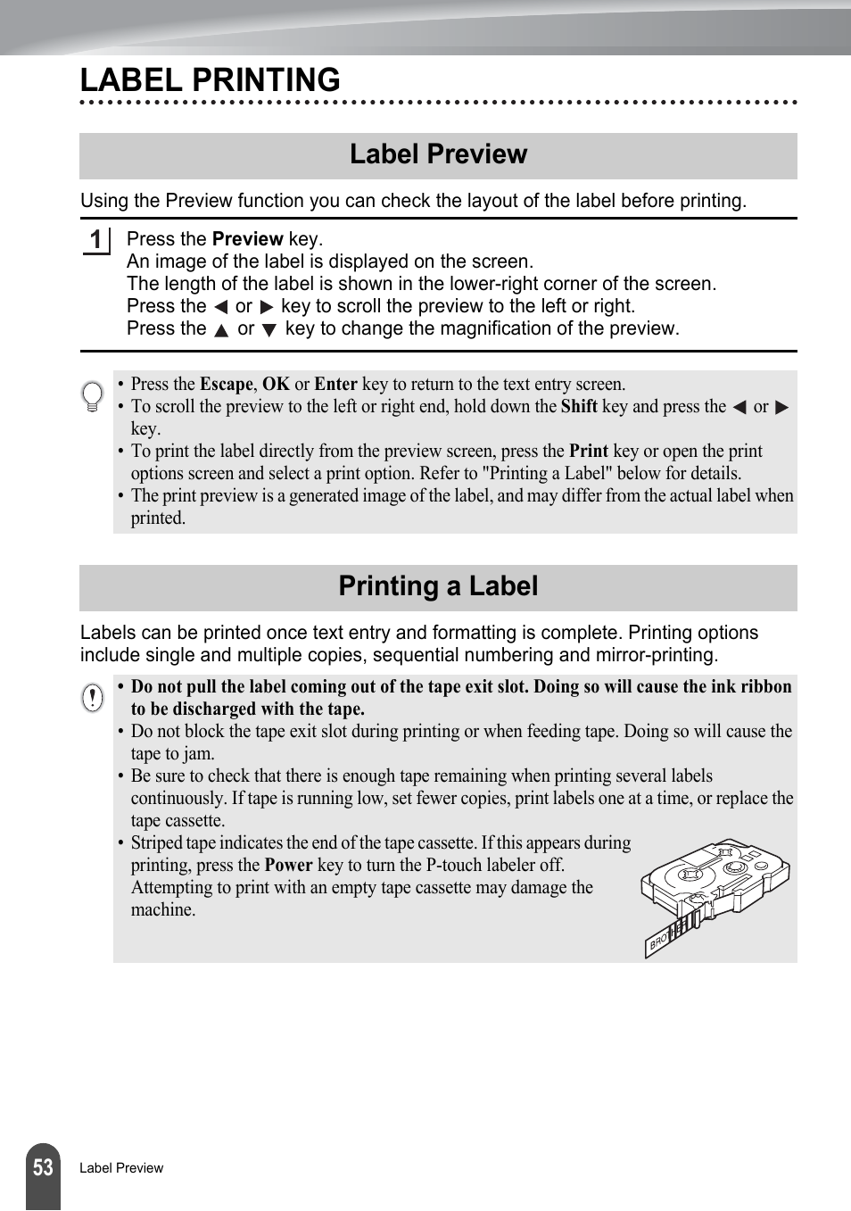 Label printing, Label preview, Printing a label | Label preview printing a label, P. 53 | Brother PT-2730 User Manual | Page 60 / 88