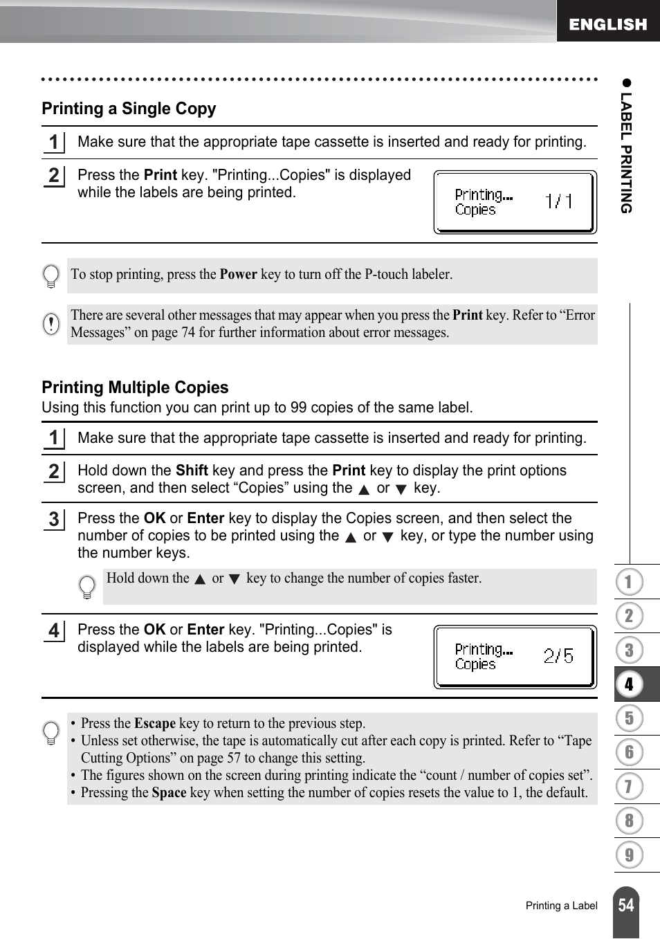 Printing a single copy, Printing multiple copies, Printing a single copy printing multiple copies | Brother PT-2730 User Manual | Page 61 / 88