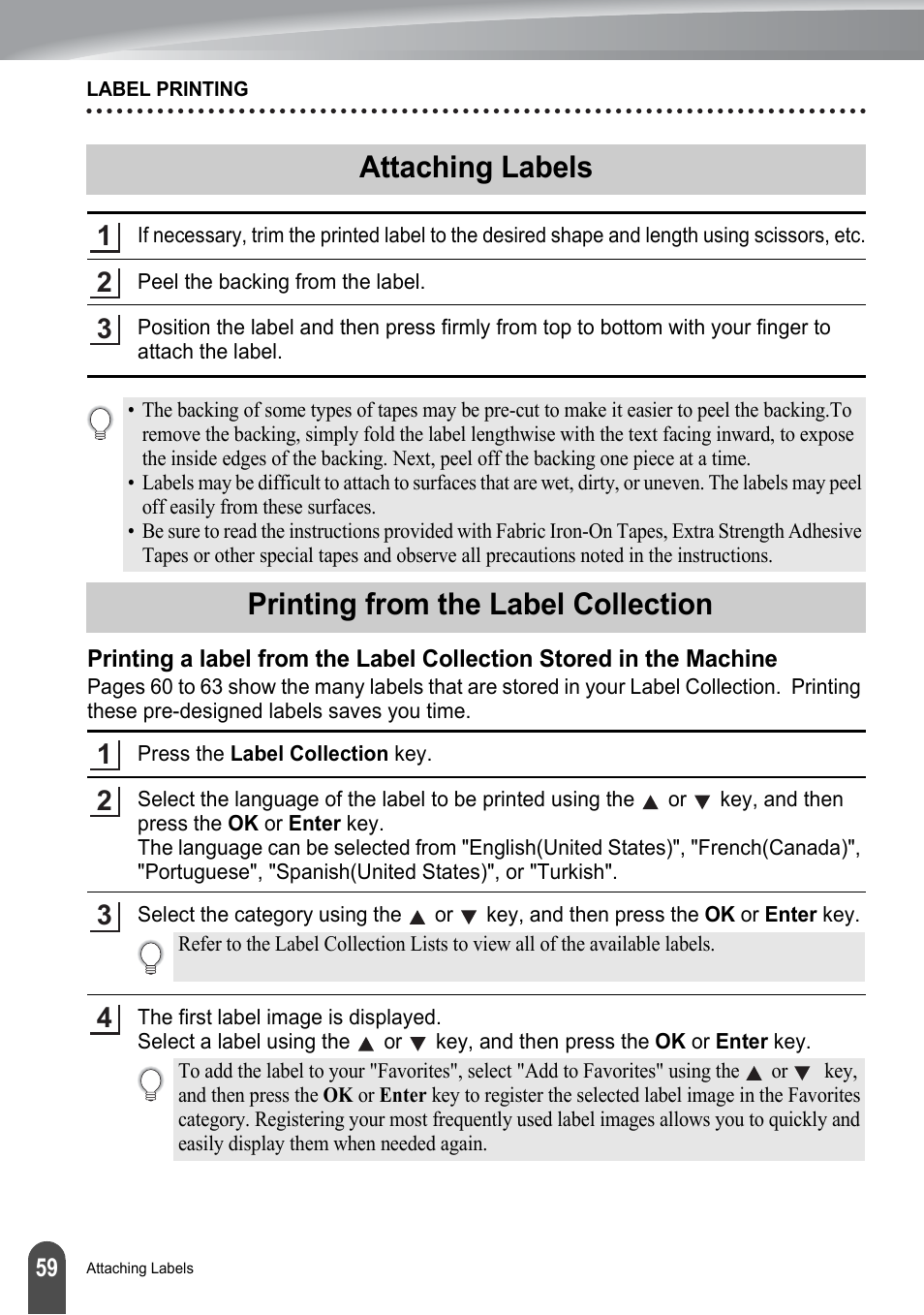 Attaching labels, Printing from the label collection, P. 59 | Brother PT-2730 User Manual | Page 66 / 88