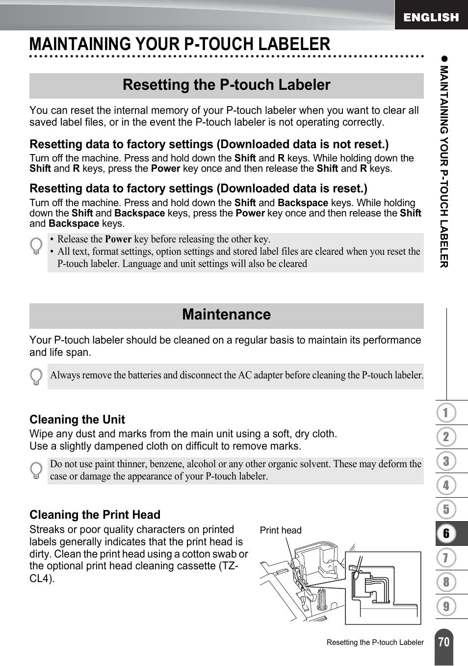 Maintaining your p-touch labeler, Resetting the p-touch labeler, Maintenance | Cleaning the unit, Cleaning the print head, Cleaning the unit cleaning the print head | Brother PT-2730 User Manual | Page 77 / 88