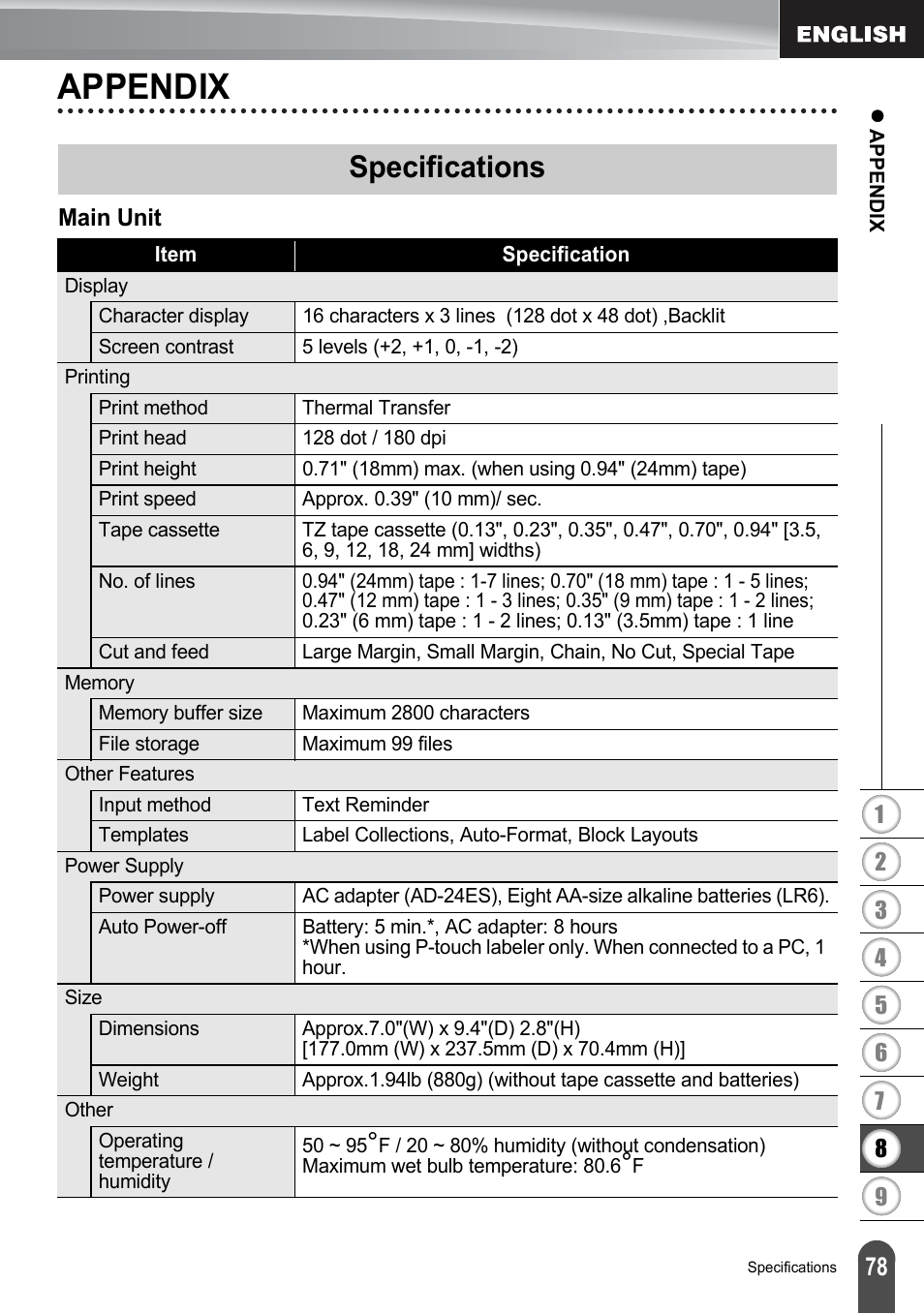 Appendix, Specifications | Brother PT-2730 User Manual | Page 85 / 88