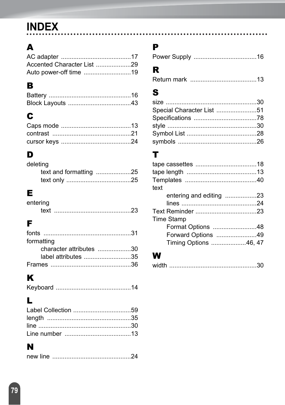 Index | Brother PT-2730 User Manual | Page 86 / 88