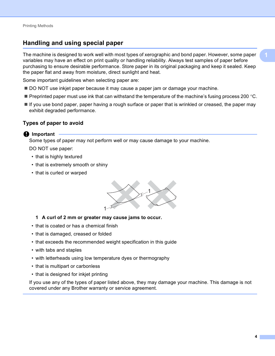 Handling and using special paper, Types of paper to avoid, 1handling and using special paper | Brother HL-5450DNT User Manual | Page 10 / 167