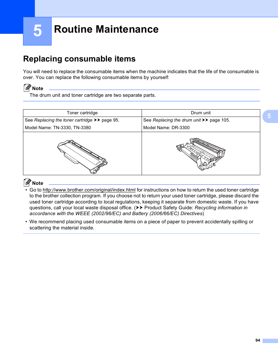 5 routine maintenance, Replacing consumable items, Routine maintenance | Brother HL-5450DNT User Manual | Page 100 / 167