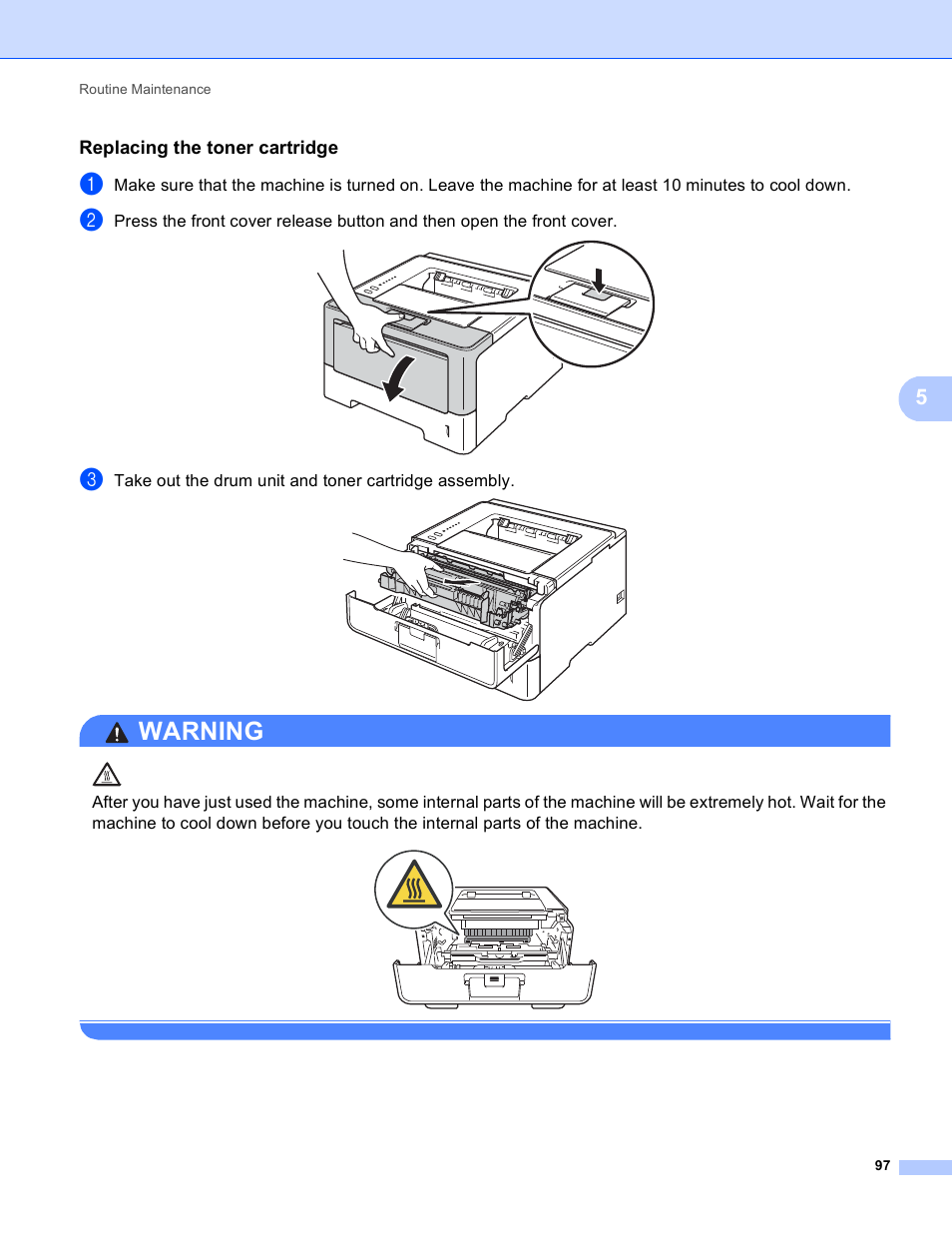 Replacing the toner cartridge, Warning | Brother HL-5450DNT User Manual | Page 103 / 167