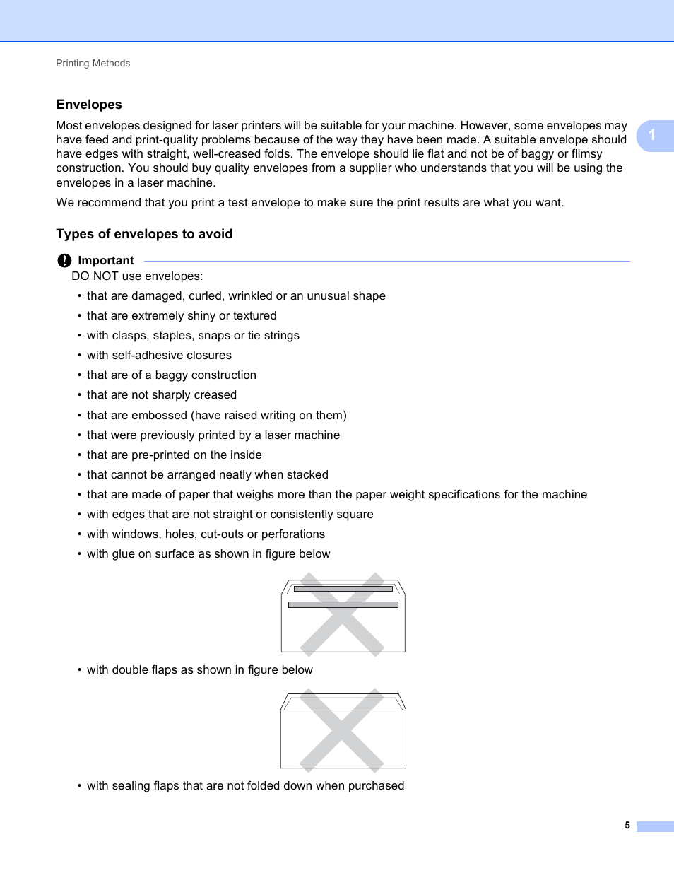 Envelopes, Types of envelopes to avoid, With double flaps as shown in figure below | Brother HL-5450DNT User Manual | Page 11 / 167