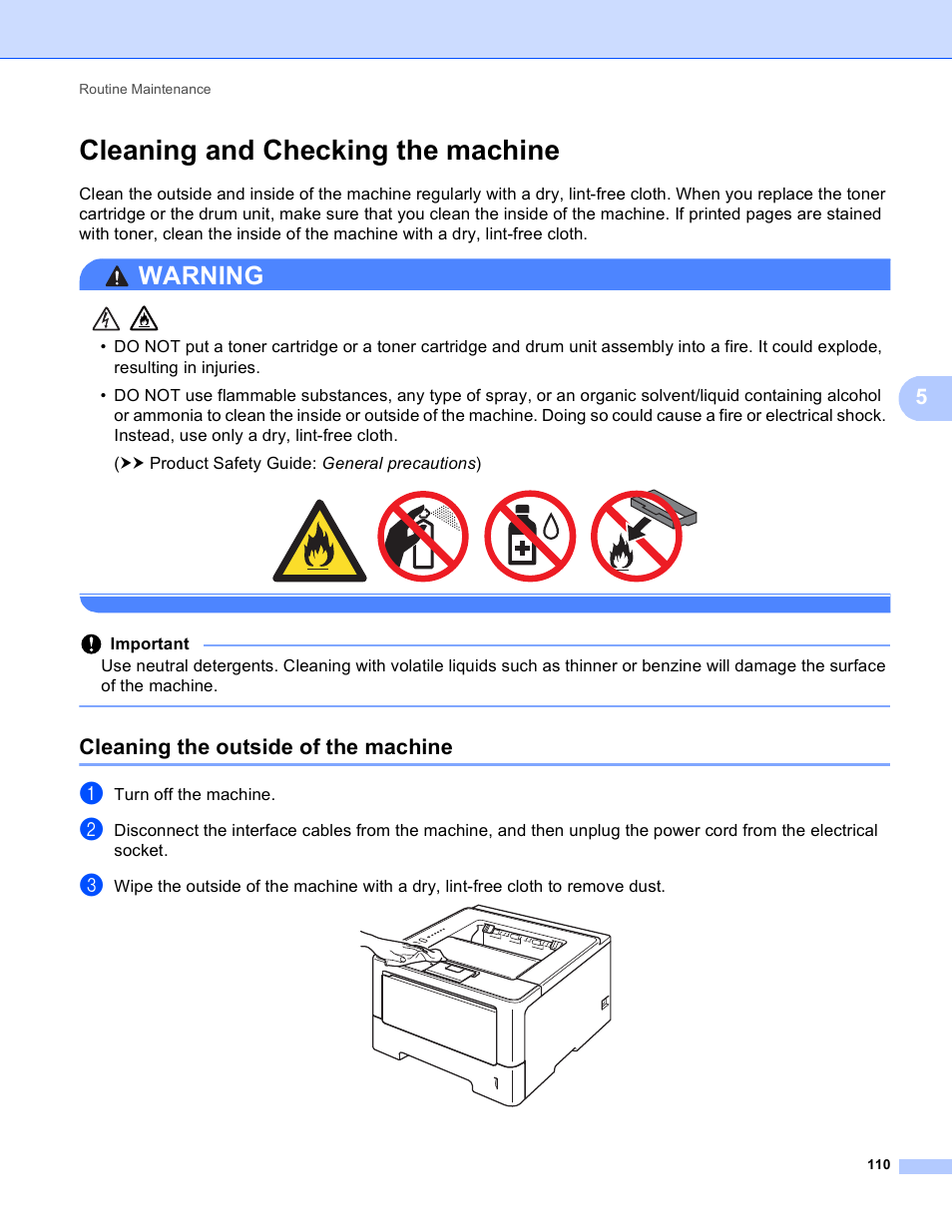Cleaning and checking the machine, Cleaning the outside of the machine, Cleaning and | Warning | Brother HL-5450DNT User Manual | Page 116 / 167