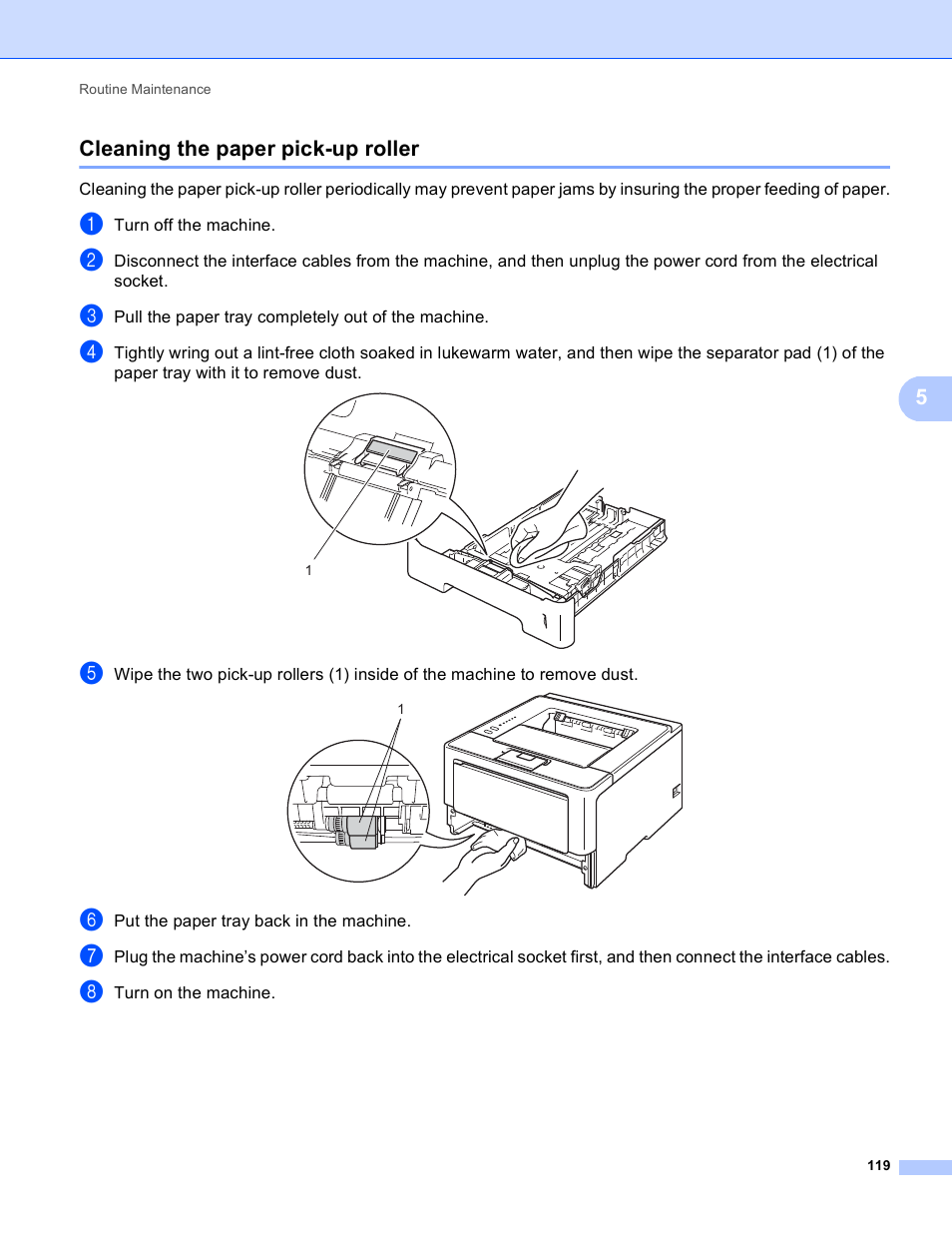 Cleaning the paper pick-up roller, 5cleaning the paper pick-up roller | Brother HL-5450DNT User Manual | Page 125 / 167