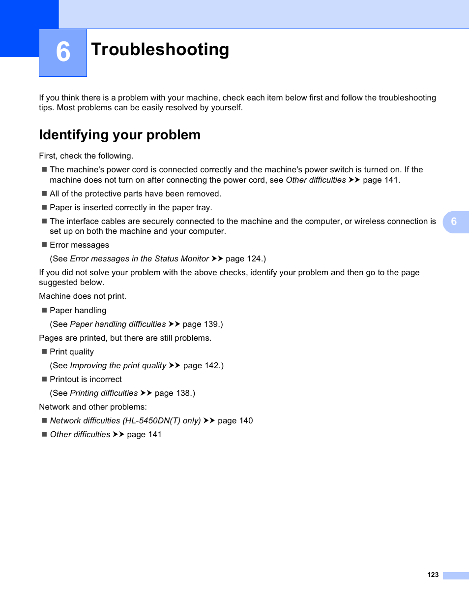6 troubleshooting, Identifying your problem, Troubleshooting | Brother HL-5450DNT User Manual | Page 129 / 167