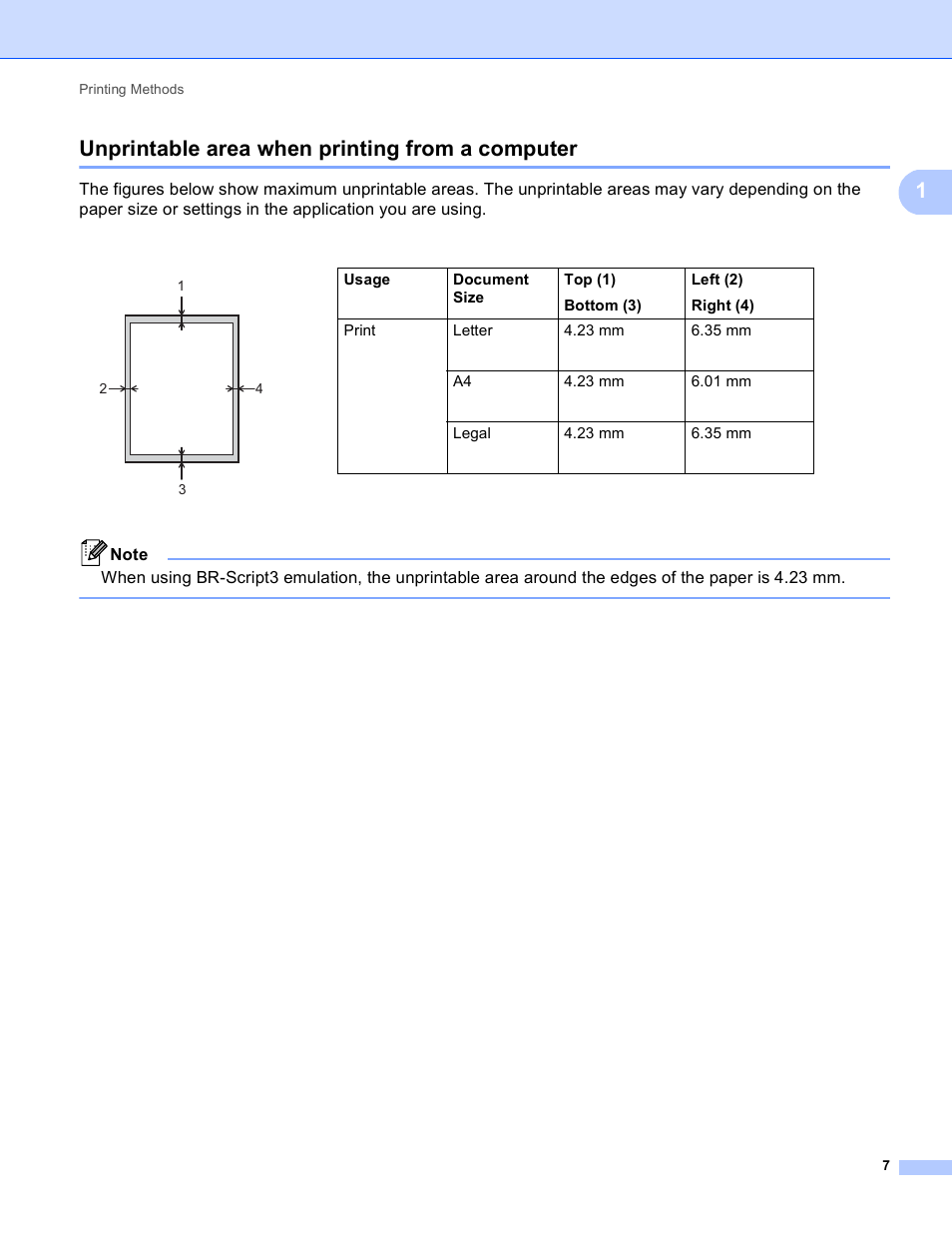 Unprintable area when printing from a computer, 1unprintable area when printing from a computer | Brother HL-5450DNT User Manual | Page 13 / 167
