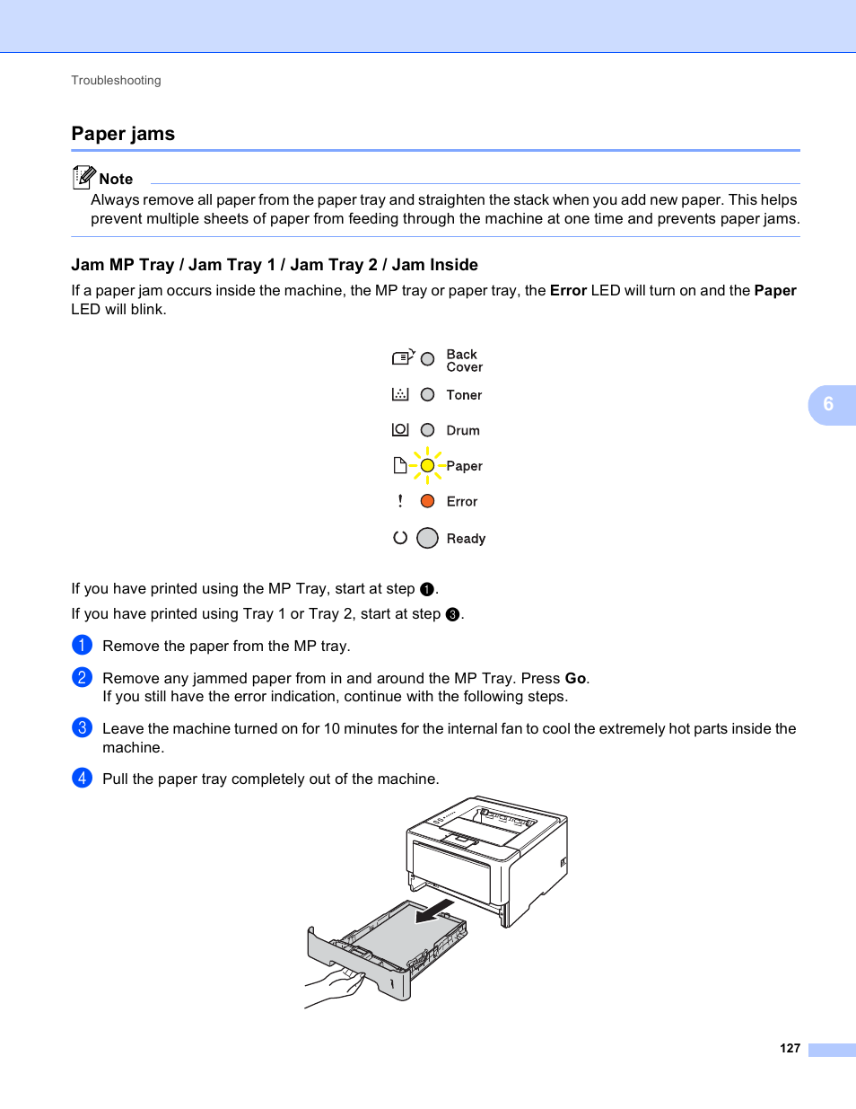 Paper jams, Jam mp tray / jam tray 1 / jam tray 2 / jam inside, 6paper jams | Brother HL-5450DNT User Manual | Page 133 / 167