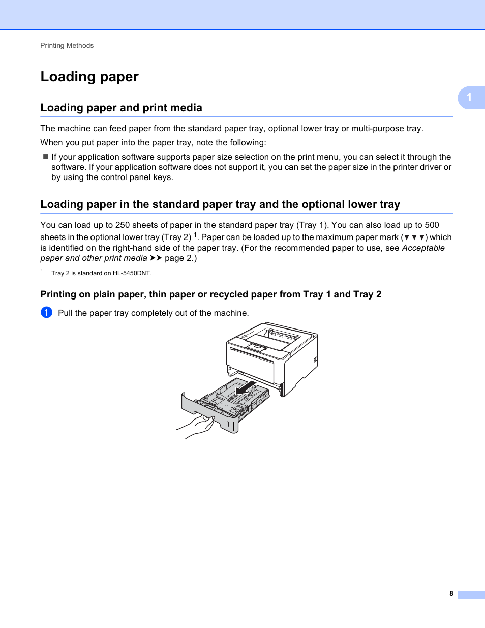 Loading paper, Loading paper and print media | Brother HL-5450DNT User Manual | Page 14 / 167