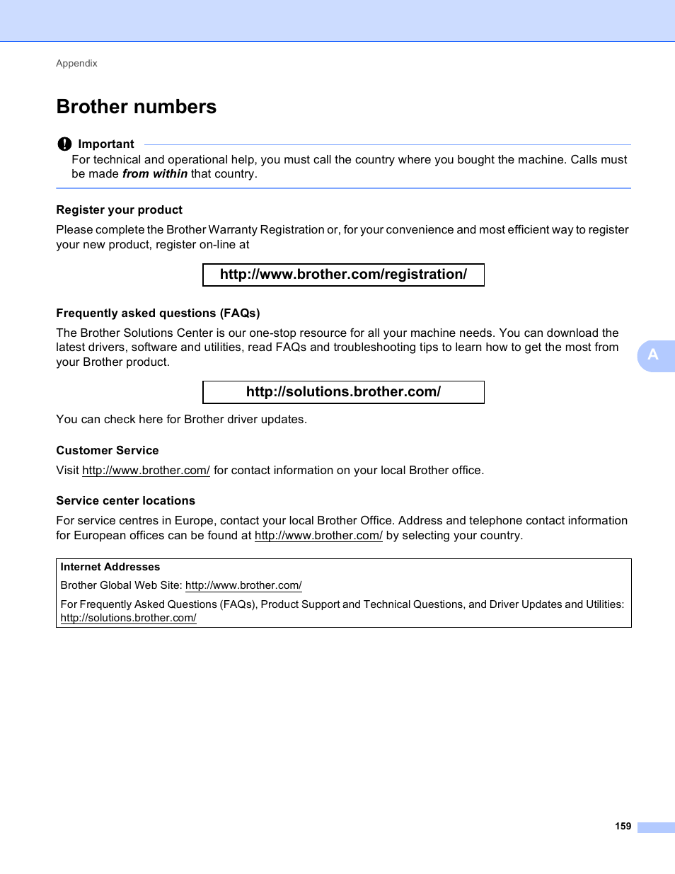 Brother numbers, Register your product, Frequently asked questions (faqs) | Brother HL-5450DNT User Manual | Page 165 / 167