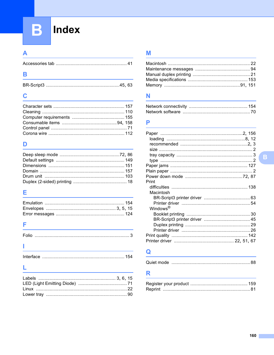 Index | Brother HL-5450DNT User Manual | Page 166 / 167