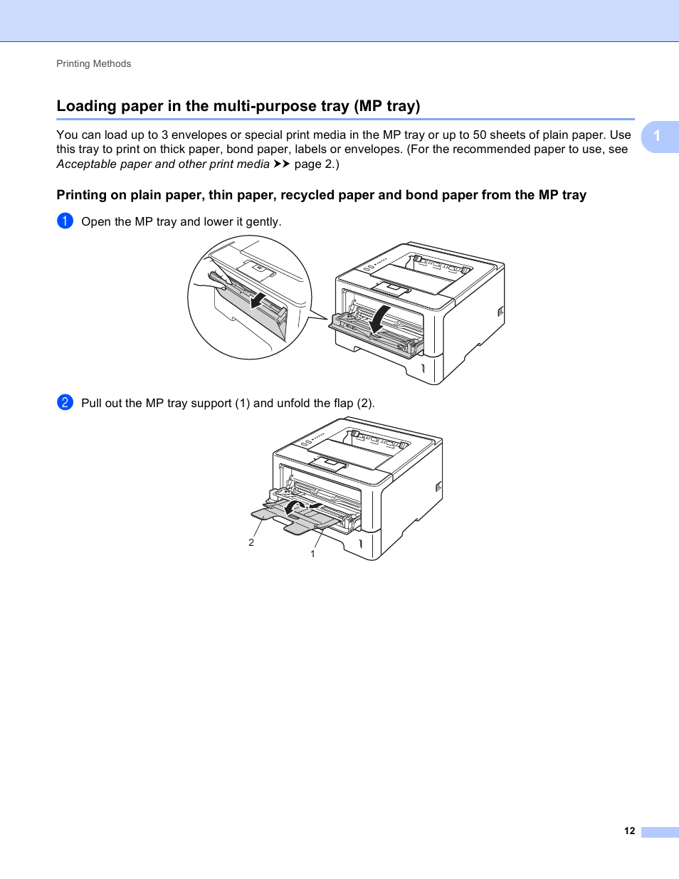 Loading paper in the multi-purpose tray (mp tray), 1loading paper in the multi-purpose tray (mp tray) | Brother HL-5450DNT User Manual | Page 18 / 167