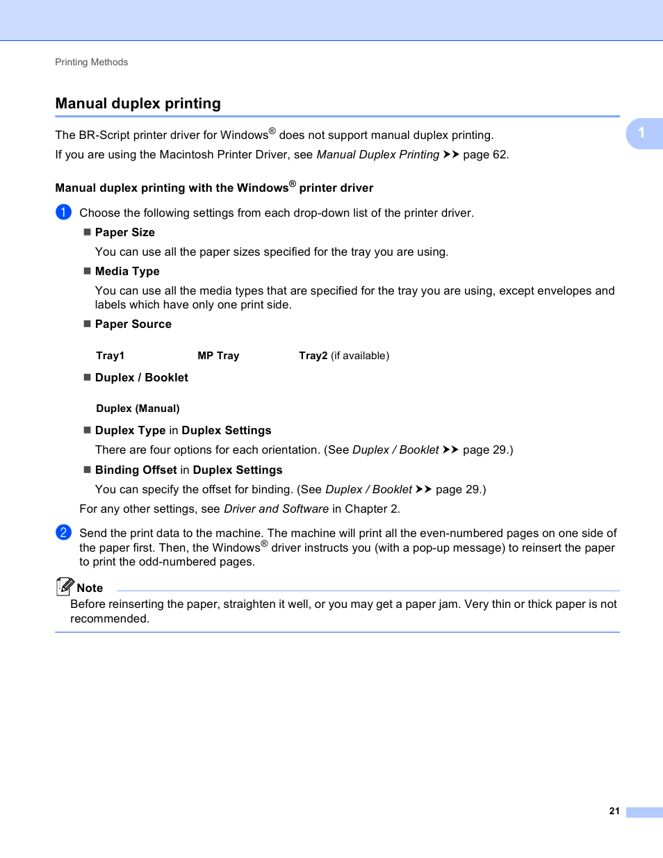 Manual duplex printing, 1manual duplex printing | Brother HL-5450DNT User Manual | Page 27 / 167