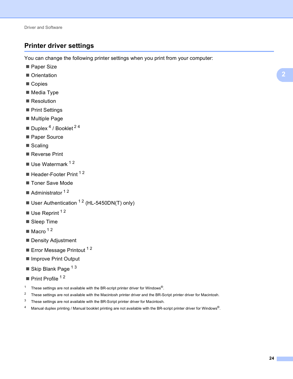 Printer driver settings, 2printer driver settings | Brother HL-5450DNT User Manual | Page 30 / 167