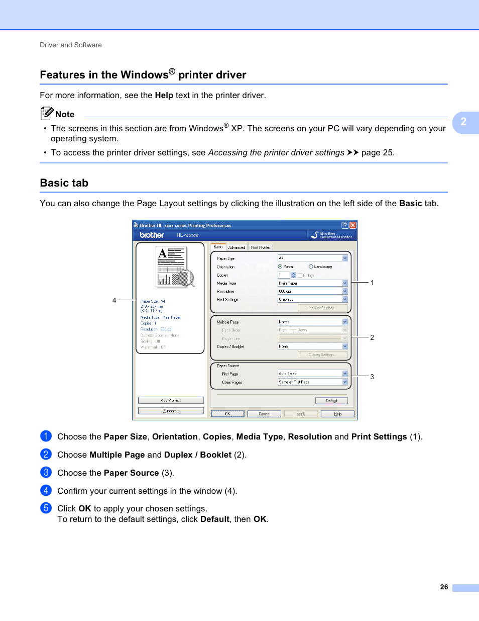 Features in the windows® printer driver, Basic tab, Features in the windows | Printer driver, 2features in the windows | Brother HL-5450DNT User Manual | Page 32 / 167