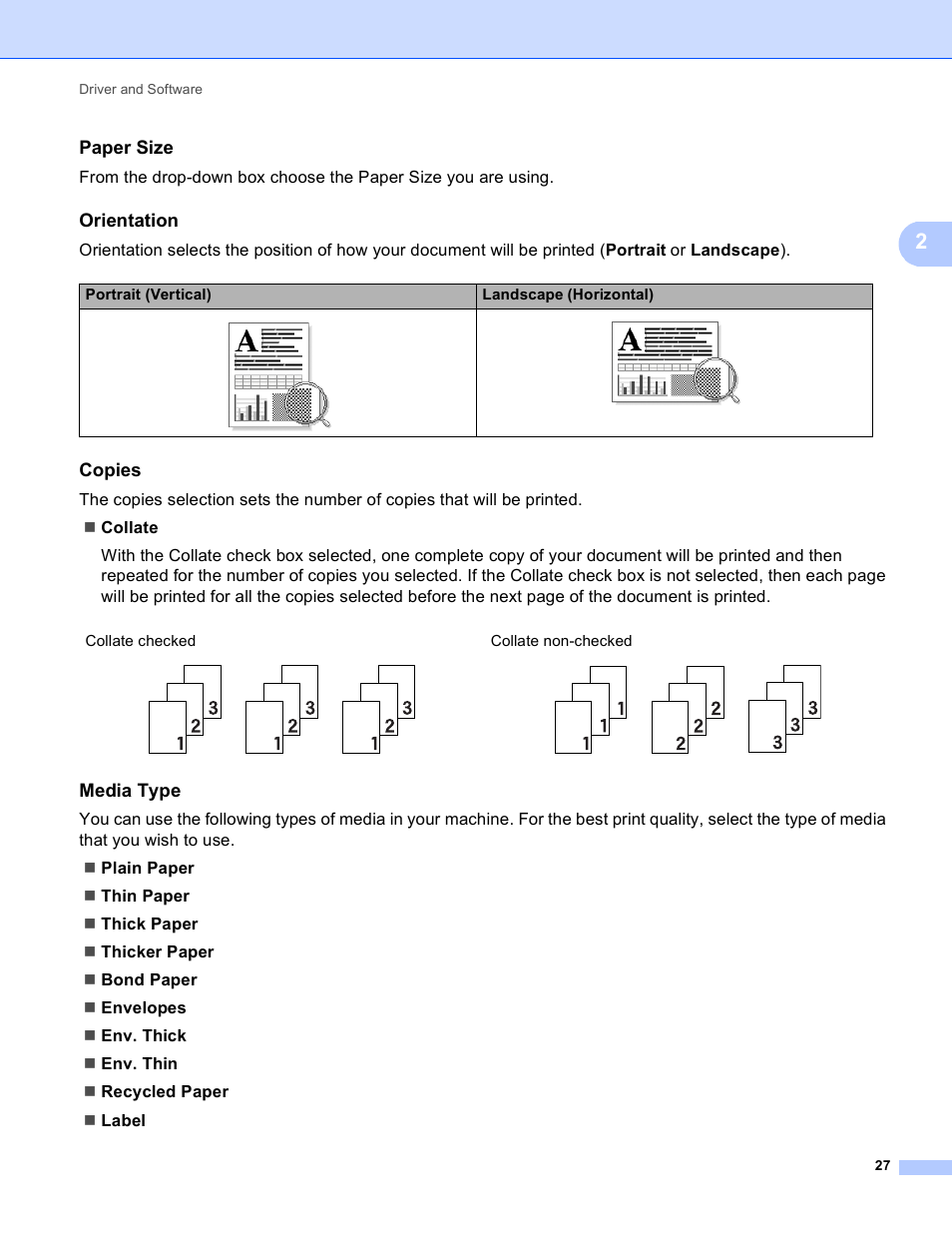 Paper size, Orientation, Copies | Media type | Brother HL-5450DNT User Manual | Page 33 / 167