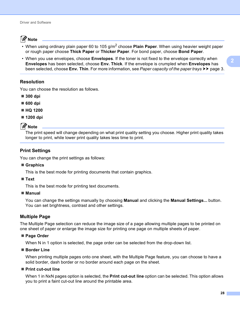 Resolution, Print settings, Multiple page | Brother HL-5450DNT User Manual | Page 34 / 167