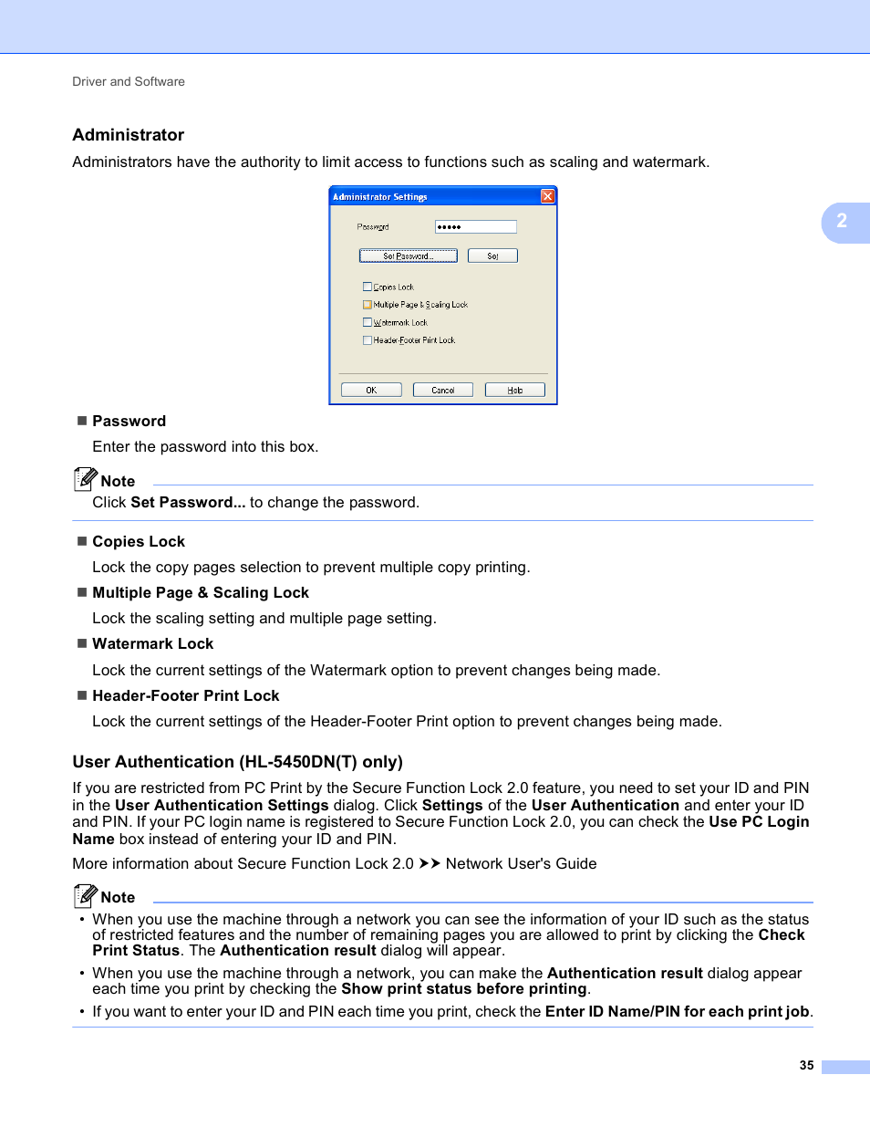 Administrator, User authentication (hl-5450dn(t) only) | Brother HL-5450DNT User Manual | Page 41 / 167